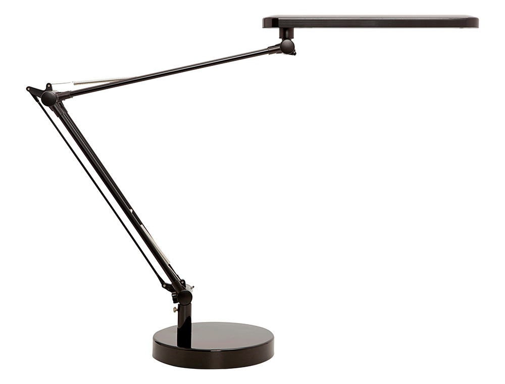 Candeeiro de escritorio uniluxled 5,6w duplo braco articulado abs e aluminio preto base 19 cm diametro