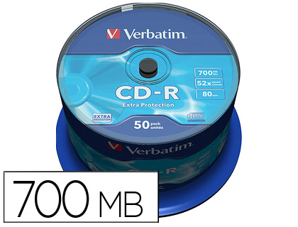 Cd-r verbatim capacidade 700mb velocidade 52x 80 min torre de 50 unidades
