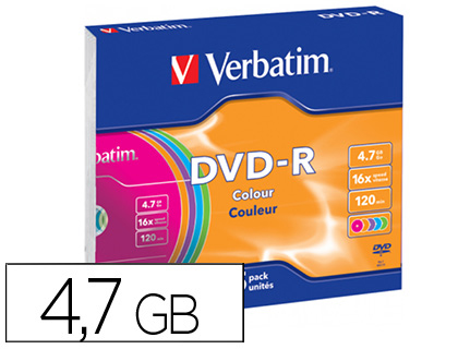 Dvd-r verbatim capacidade 4.7gb velocidade 16x 120 min pack de 5 unidades cores sortidas caixa slim
