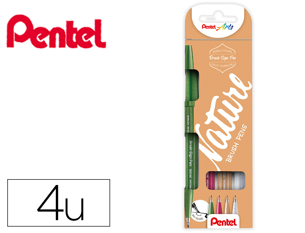 Caneta pincel pentel touch em blister de 4 cores nature cinza claro verde azeitona castanho palido e bugundy