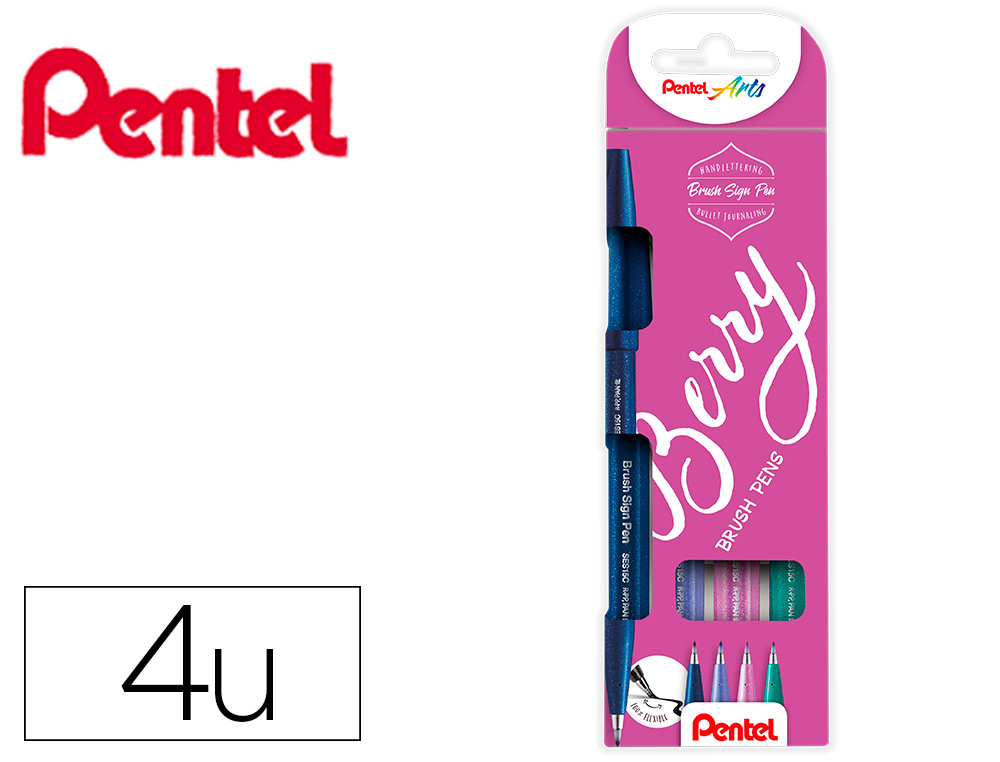 Caneta pincel pentel touch em blister de 4 cores berry azul preto violeta azul verde turquesa rosa violeta