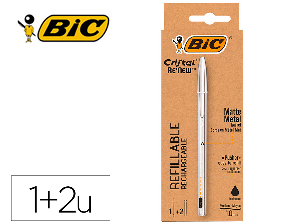 Esferografica bic cristal renew tinta preta pack de 1 unidade + 2 recargas