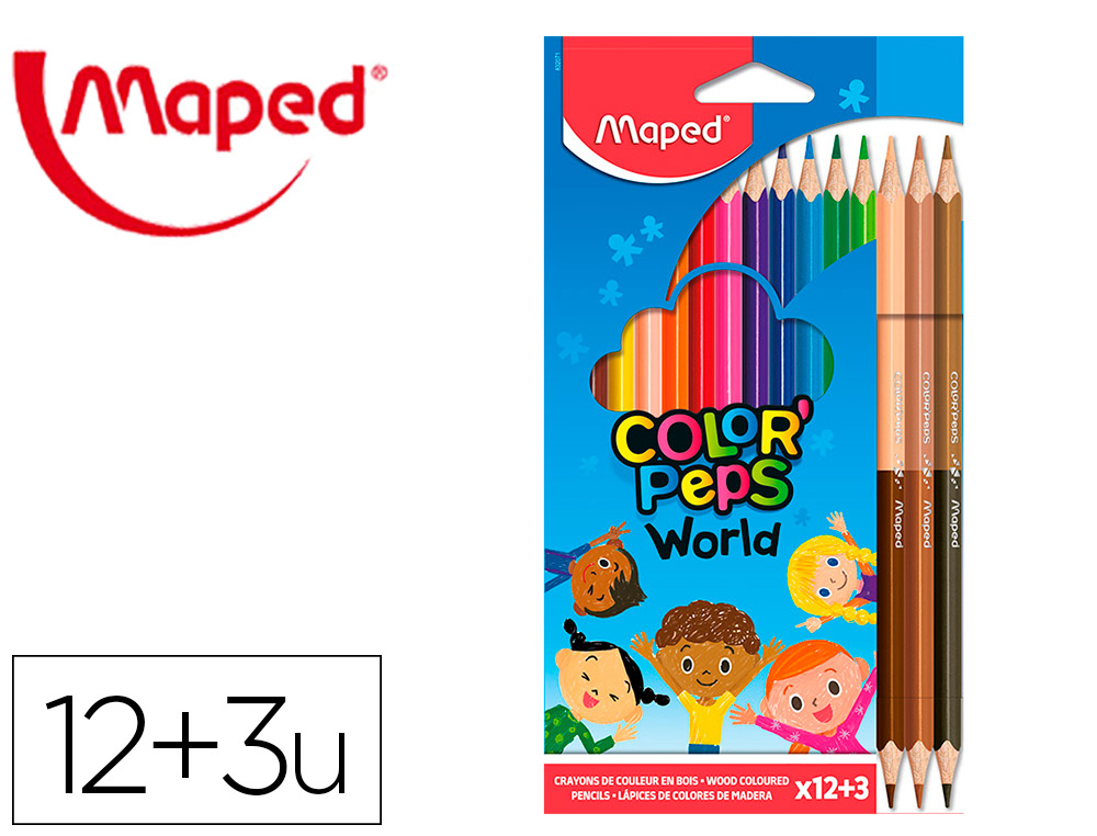 Lapis de cor maped color peps world caixa de 12 cores sortidas + 3 duo tons de pele