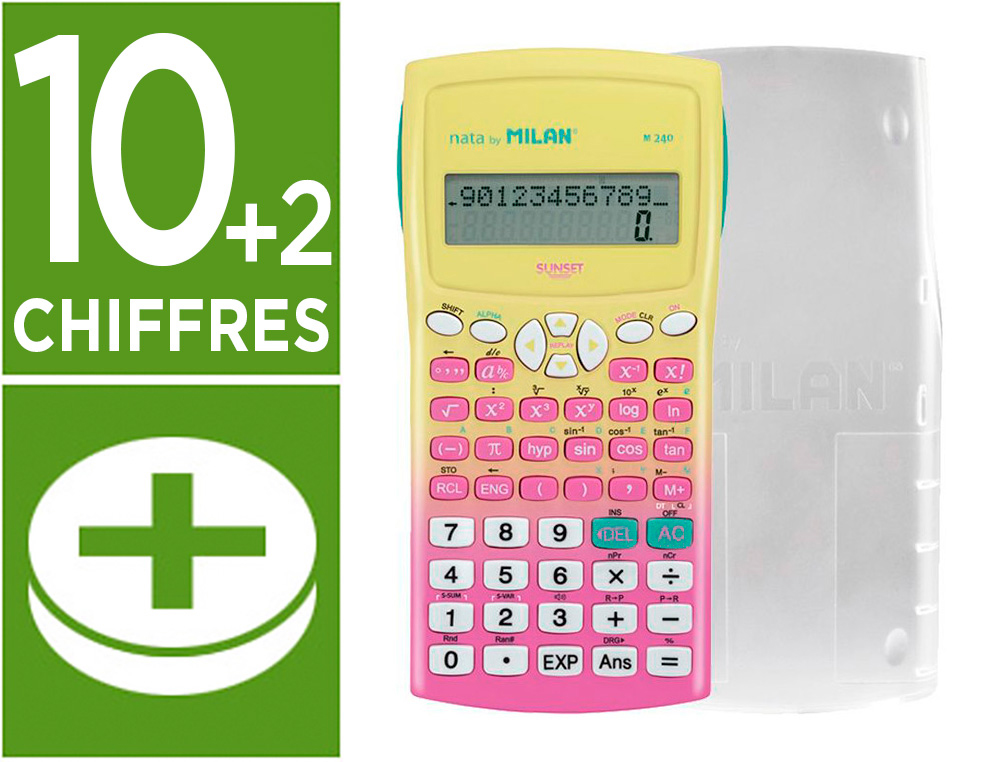 Calculadora milan cientifica m240 sunset capa translucida 2 linhas 240 funcoes 10+2 digitos cor rosa /amarelo
