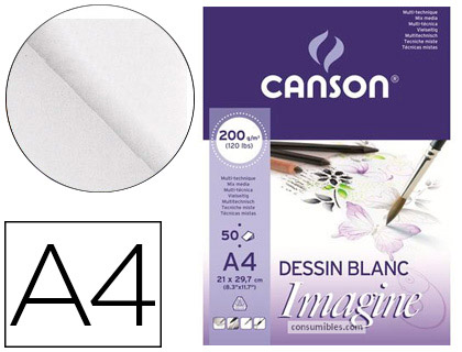Bloco de desenho multitecnicas canson imagine din a4 colado liso 21x29,7 cm 50 folhas 200 gr