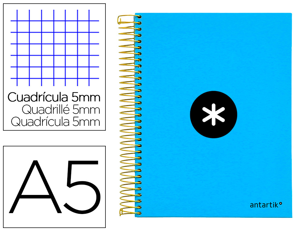 Caderno espiral din a5 antartik capa forrada 120 f 100 gr quadricula 5 mm 5 bandas de cores cor azul