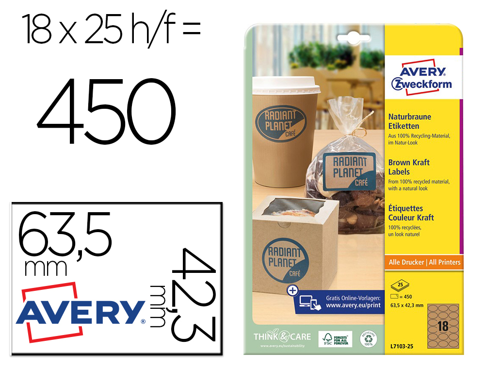 Etiqueta adesiva avery kraft efeito cartao oval 63,5x42,3 mm removivel para laser e tinteiro