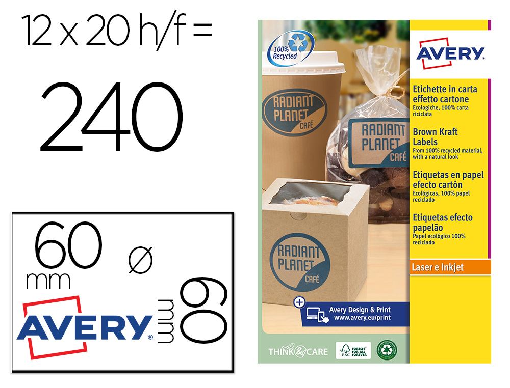 Etiqueta adesiva avery kraft efeito cartao redonda 60 mm removivel para laser e tinteiro caixa de 300 unidades
