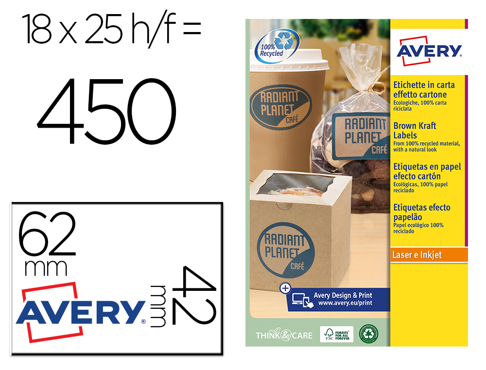 Etiqueta adesiva avery kraft efeito cartao retangular 62x42 mm removivel para laser e tinteiro