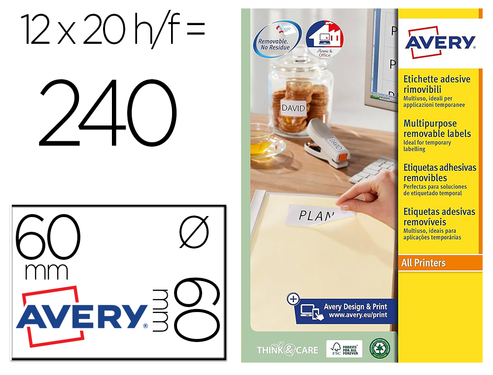 Etiqueta adesiva avery branca redonda removivel para laser injeção de tinta e fotocopiadora 60 mm caixa de 240 unidades