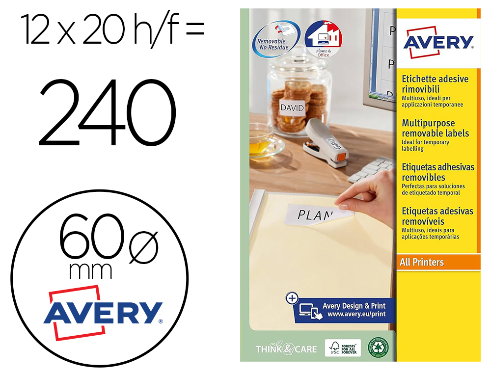 Etiqueta adesiva avery branca redonda removivel para impressora laser injeção de tinta e fotocopiadora 37 mm