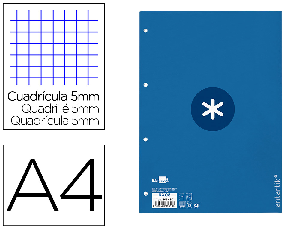 RECARGA LIDERPAPEL A4 ANTARTIK 80 FOLHAS 90G/M2 QUADRICULA 5MM 4 FUROS 1 BANDA COM MOLDURA COR AZUL ESCURO