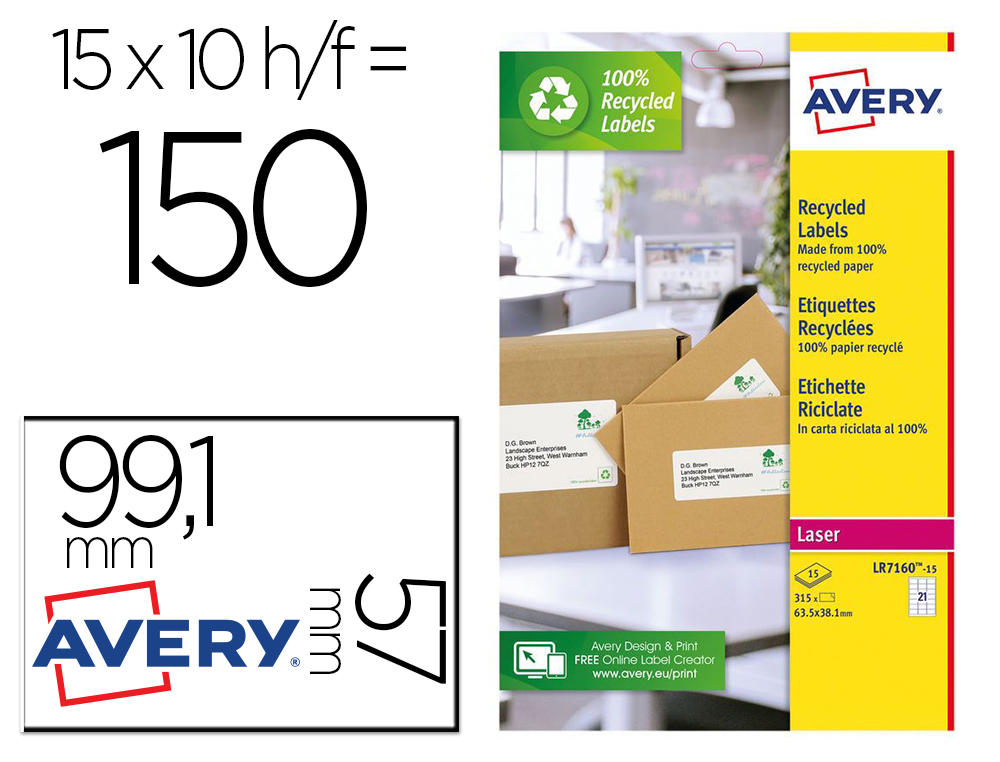 Etiqueta adesiva avery branca permanente reciclada 100% para impressora laser 99,1x57 mm caixa de 150 unidades