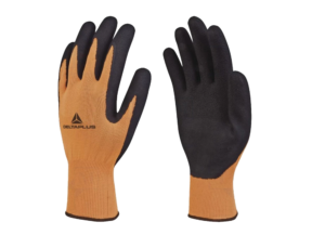 Luvas deltaplus poliester impregnado latex palma e dedos laranja fluor/preto - APOLLON VV733