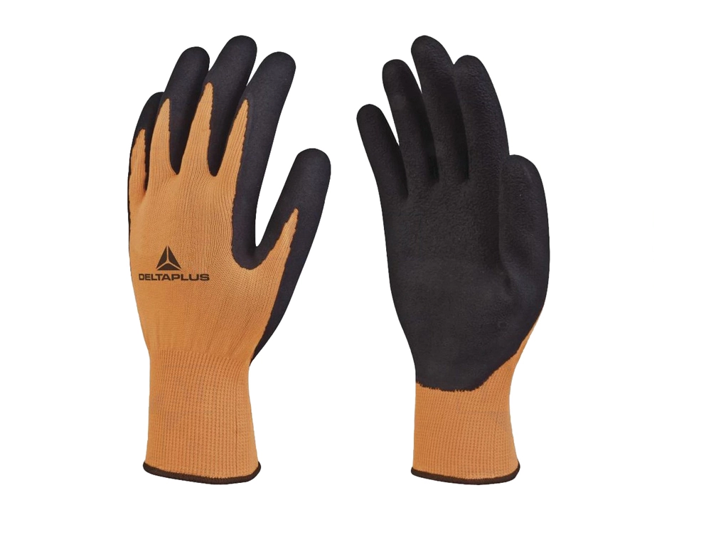 Luvas deltaplus poliester impregnado latex palma e dedos laranja fluor/preto - APOLLON VV733