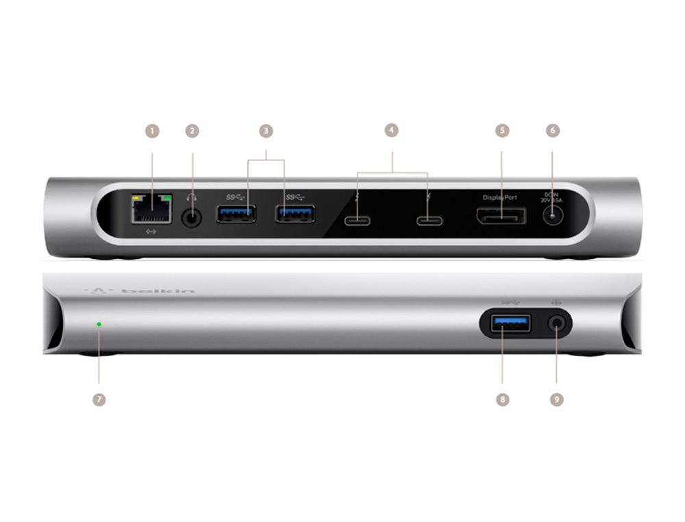 ADAPTADOR BELKIN F4U095VF THUNDERBOLT 3 EXPRESS 3XUSB-A 2XUSB-C AUDIO ETHERNET GIGABYTE DISPLAYPORT SD 170W CABO THUNDER