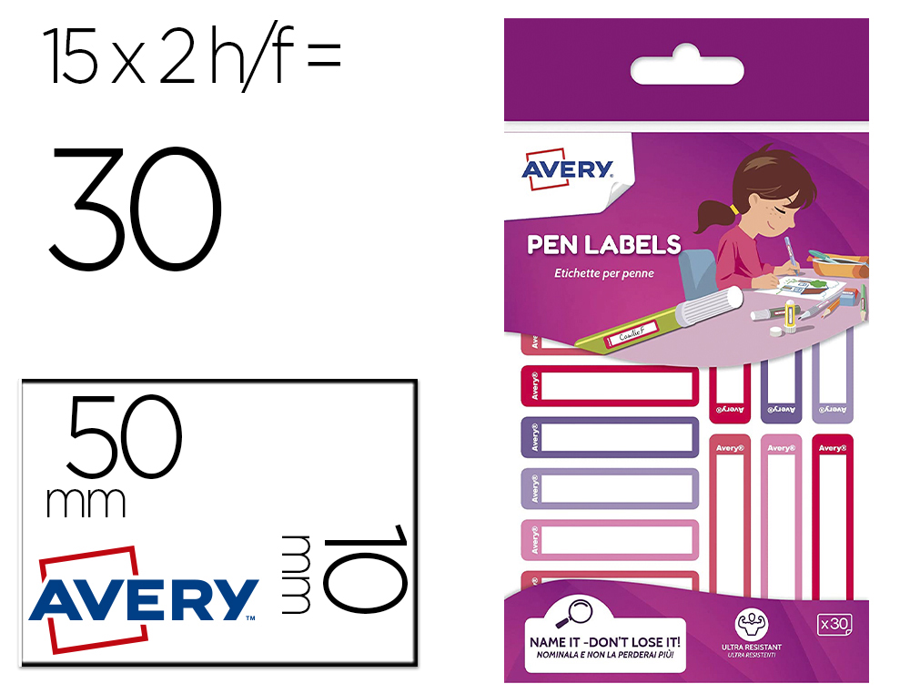 ETIQUETA ADESIVA AVERY PARA ESFEROGRAFICAS E LAPIS ROSA E VIOLETA 50X10 MM BLISTER DE 30 UNIDADES