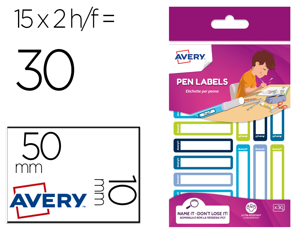 ETIQUETA ADESIVA AVERY PARA ESFEROGRAFICAS E LAPIS AZUL E VERDE 50X10 MM BLISTER DE 30 UNIDADES