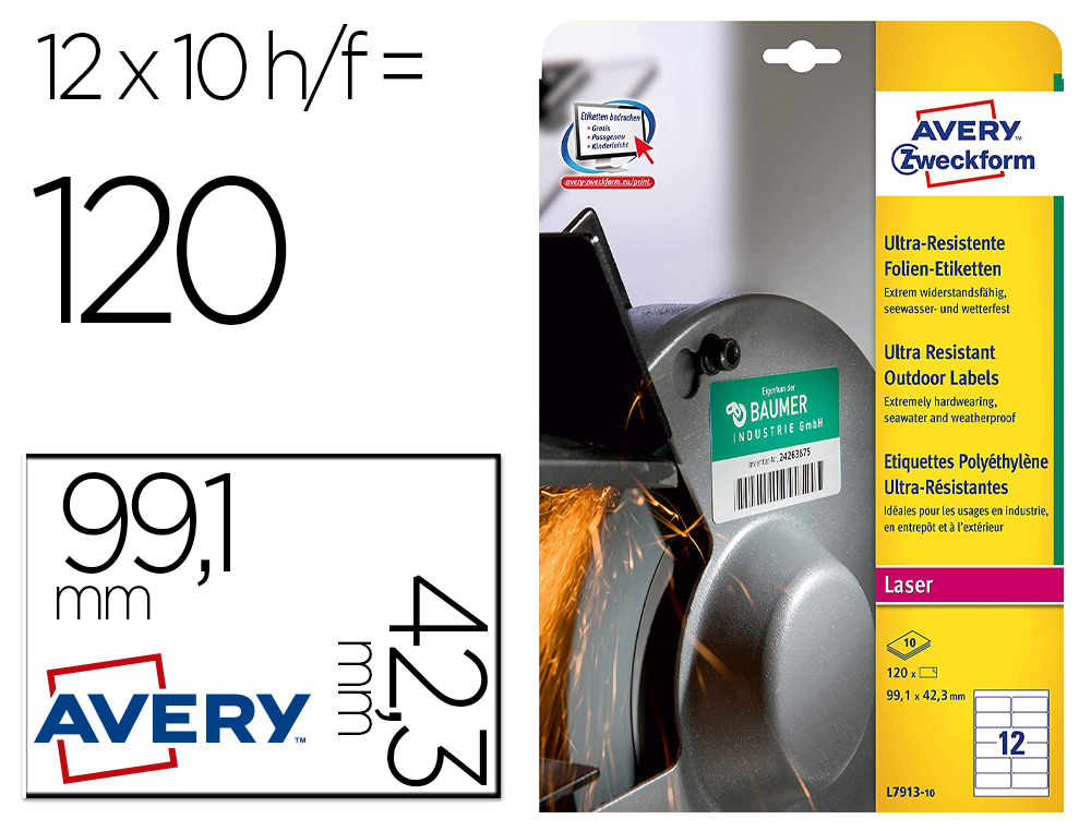 ETIQUETA ADESIVA AVERY POLITILENO BRANCO PERMANENTE PARA LASER FOTOCOPIADORA 99,1X42,3 MM BLISTER 120 ETIQUETAS