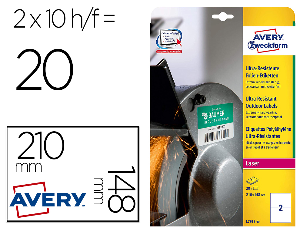 ETIQUETA ADESIVA AVERY POLITILENO BRANCO PERMANENTE PARA LASER FOTOCOPIADORA 210X148 MM BLISTER 20 ETIQUETAS