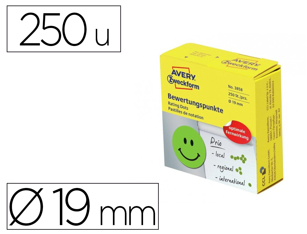 ETIQUETA ADESIVA AVERY SMILE VERDE SORRIDENTE 19 MM ROLO DE 250 UNIDADES