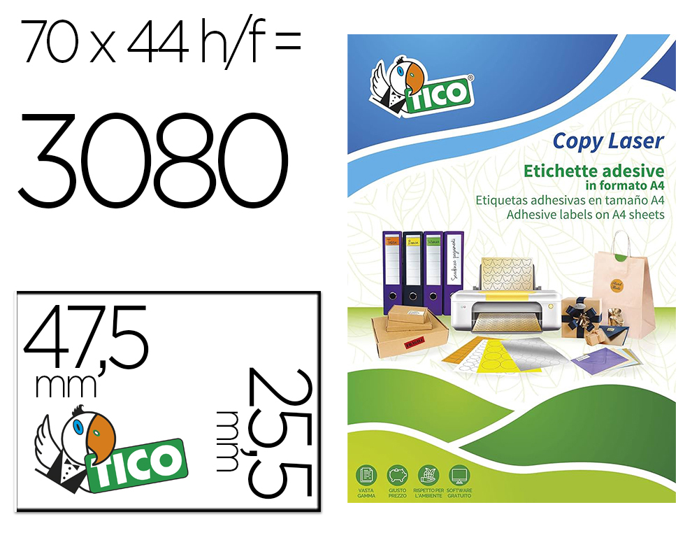 Etiqueta adesiva tico laranja fluor permanente certificado fsc laser/jato tinta/fotocopia 47,5x25,5 mm caixa 3080 uds