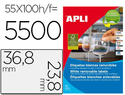 Etiquetas adesivas apli 36,8x23,8 mm fotocopiadora laser tinteiro caixa 100 folhas din a4 com 5500 etiquetas