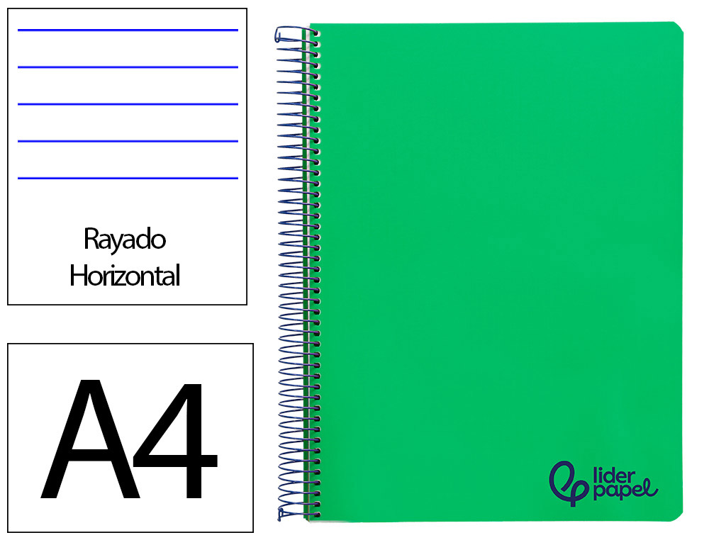 Caderno espiral liderpapel wonder din a4 capa plastico 80f 90gr pautado com margem cor verde