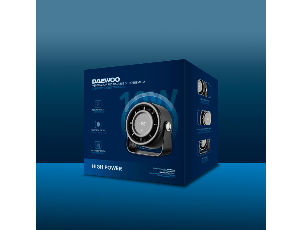 Ventoinha de mesa Daewoo DW9018 high power 10W 4 velocidades recarregável USB-C cor preta - Image 2