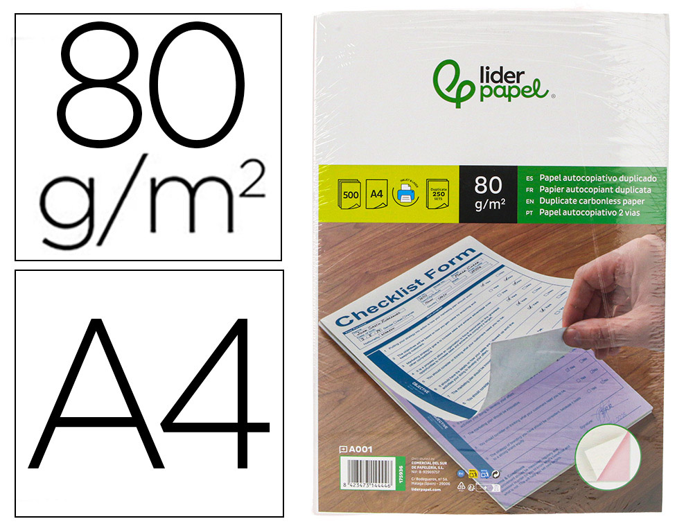 Papel autocopiativo Liderpapel A4 pré-alçado duplicado branco e rosa 80 g 500 folhas (250 jogos)