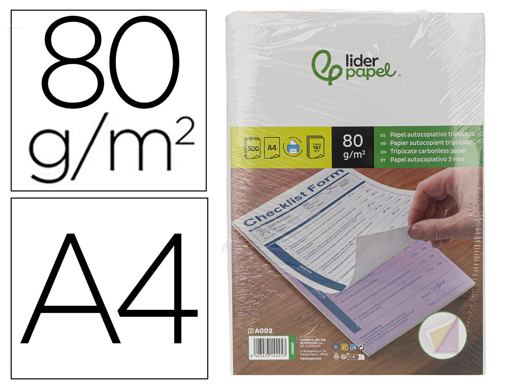Papel autocopiativo Liderpapel A4 pré-alçado triplicado branco amarelo e rosa 80 g 500 folhas (167 jogos)