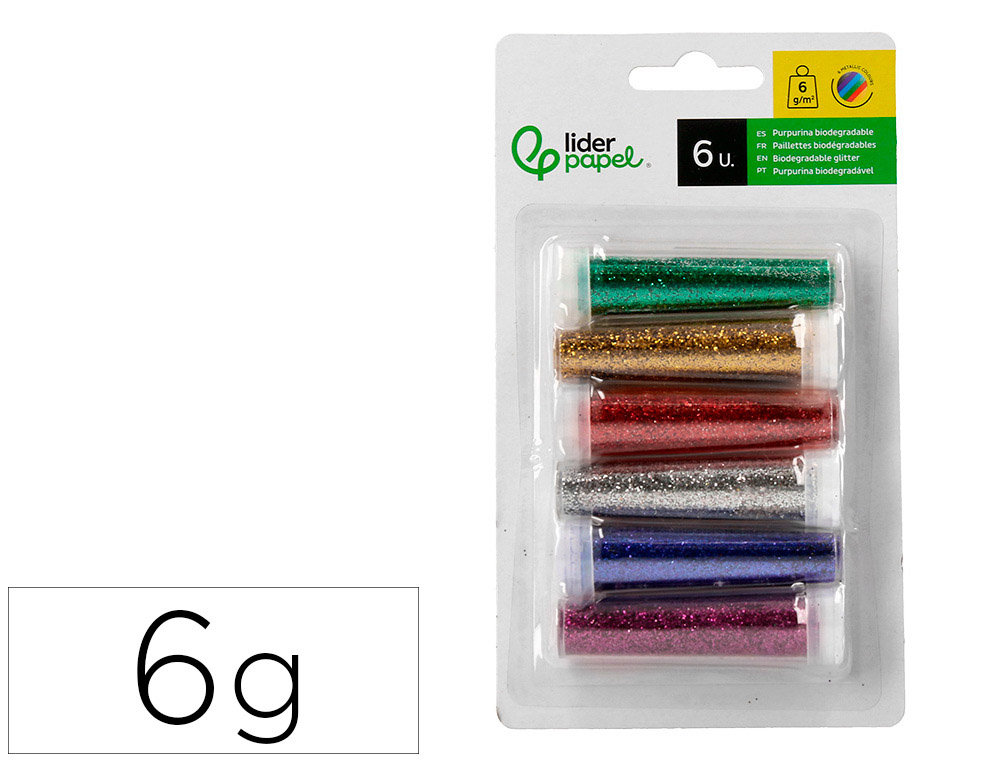 Purpurina liderpapel biodegradavel fantasia frasco de 6 gr cores metalicas sortidas blister de 6 unidades