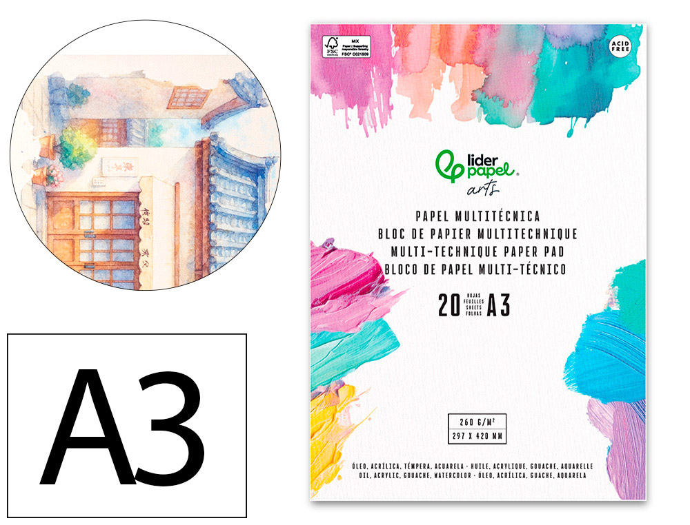 Bloco papel multitécnica liderpapel din a3 para acrílico óleo e guache 20 folhas gramagem 260g/m2