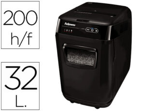 Destruidora de documentos fellowes automax 200m capacidade de corte 200 folhas particulas destroi agrafes clips cartoes