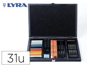 Conjunto de desenho lyra estojo de madeira com 31 pecas sortidas