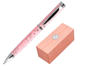 Esferografica belius bella aluminio cor rosa desenho prateado relevo tinta azul caixa de design