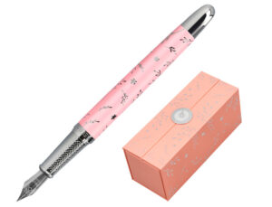 Caneta belius bella aluminio cor rosa desenho prateado relevo tinta azul caixa de design