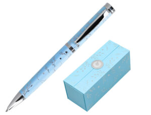 Esferografica belius bella aluminio cor azul celeste desenho prateado relevo tinta azul caixa de design