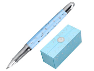 Roller belius bella aluminio cor azul celeste desenho prateado relevo tinta cor preto caixa de design