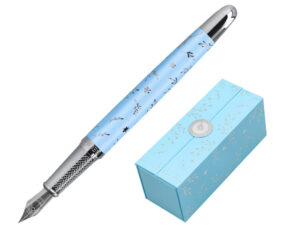 Caneta belius bella aluminio cor azul celeste desenho prateado relevo tinta azul caixa de design
