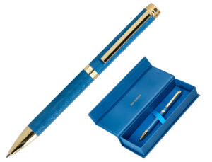 Esferografica belius wild west aluminio cor azul marinho dourado tinta cor azul caixa de design