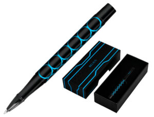 Esferografica belius legacy aluminio desenho circulos azul corpo preto tinta cor azul caixa de design