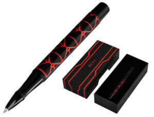 Esferografica belius legacy aluminio desenho triangulo vermelho corpo preto tinta cor azul caixa de design