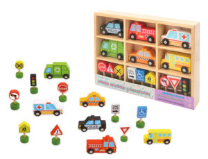 Jogo infantil imaginovo madeira veiculos e sinais de transito +3 anos 16 pecas 30x22x4cm