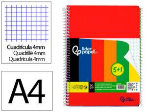 Caderno espiral liderpapel din a4 capa polipropileno 80 f 75 gr quadricula 4mm com margem pack 5+1 cores sortidas