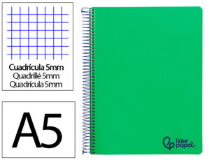 Caderno espiral liderpapel wonder micro din a5 capa plastico 120f 90gr quadricula 5mm 5 bandas 6 furos cor verde