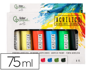 Pintura acrílica liderpapel caixa de 6 tubos de plástico de 75 ml cores básicas