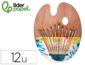 Pinceis sintéticos liderpapel pack de 12 unidades com pontas e tamanhos sortidos + paleta de madeira