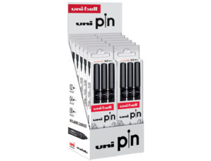 Marcador uniball pin calibrado micrométrico cor preto expositor de 12 blisters de 3 unidades