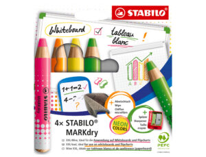 Lapiz marcador stabilo markdry neon para pizarra blanca caja de 4 unidades colores surtidos + sacapuntas